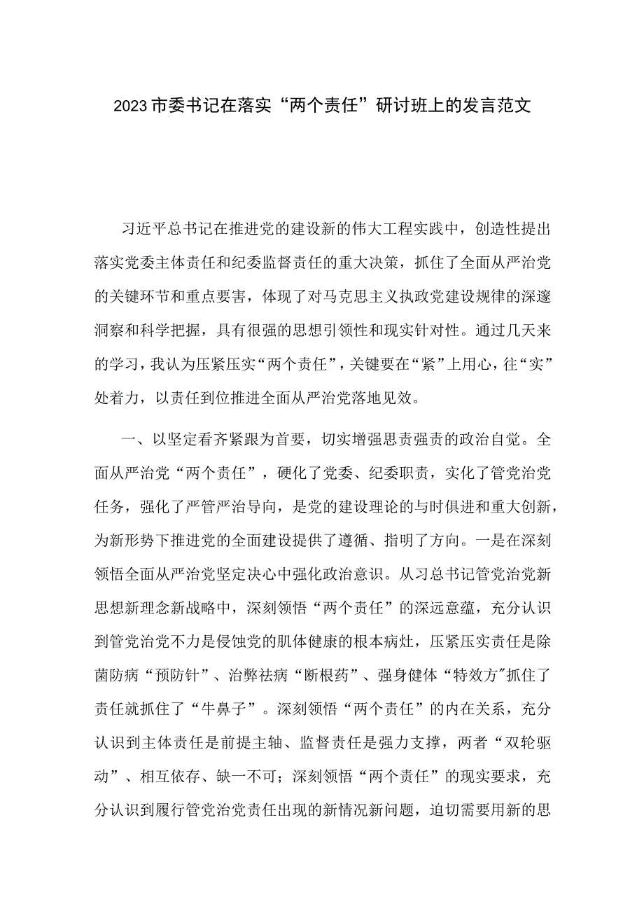 2023市委书记在落实“两个责任”研讨班上的发言范文.docx_第1页