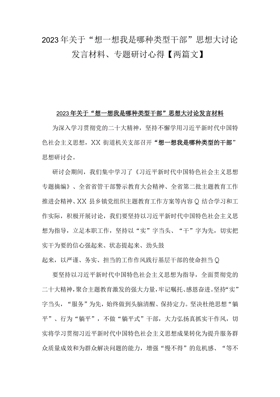 2023年关于“想一想我是哪种类型干部”思想大讨论发言材料、专题研讨心得【两篇文】.docx_第1页