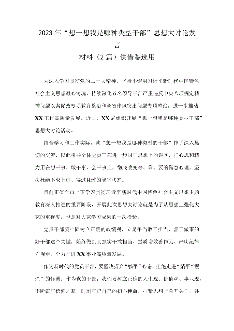 2023年“想一想我是哪种类型干部”思想大讨论发言材料（2篇）供借鉴选用.docx_第1页