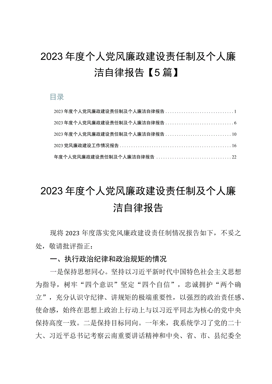 2023年度个人党风廉政建设责任制及个人廉洁自律报告【5篇】.docx_第1页