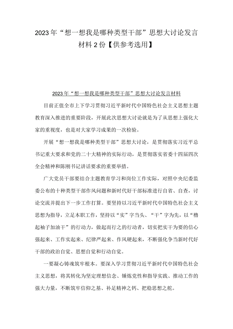 2023年“想一想我是哪种类型干部”思想大讨论发言材料2份【供参考选用】.docx_第1页