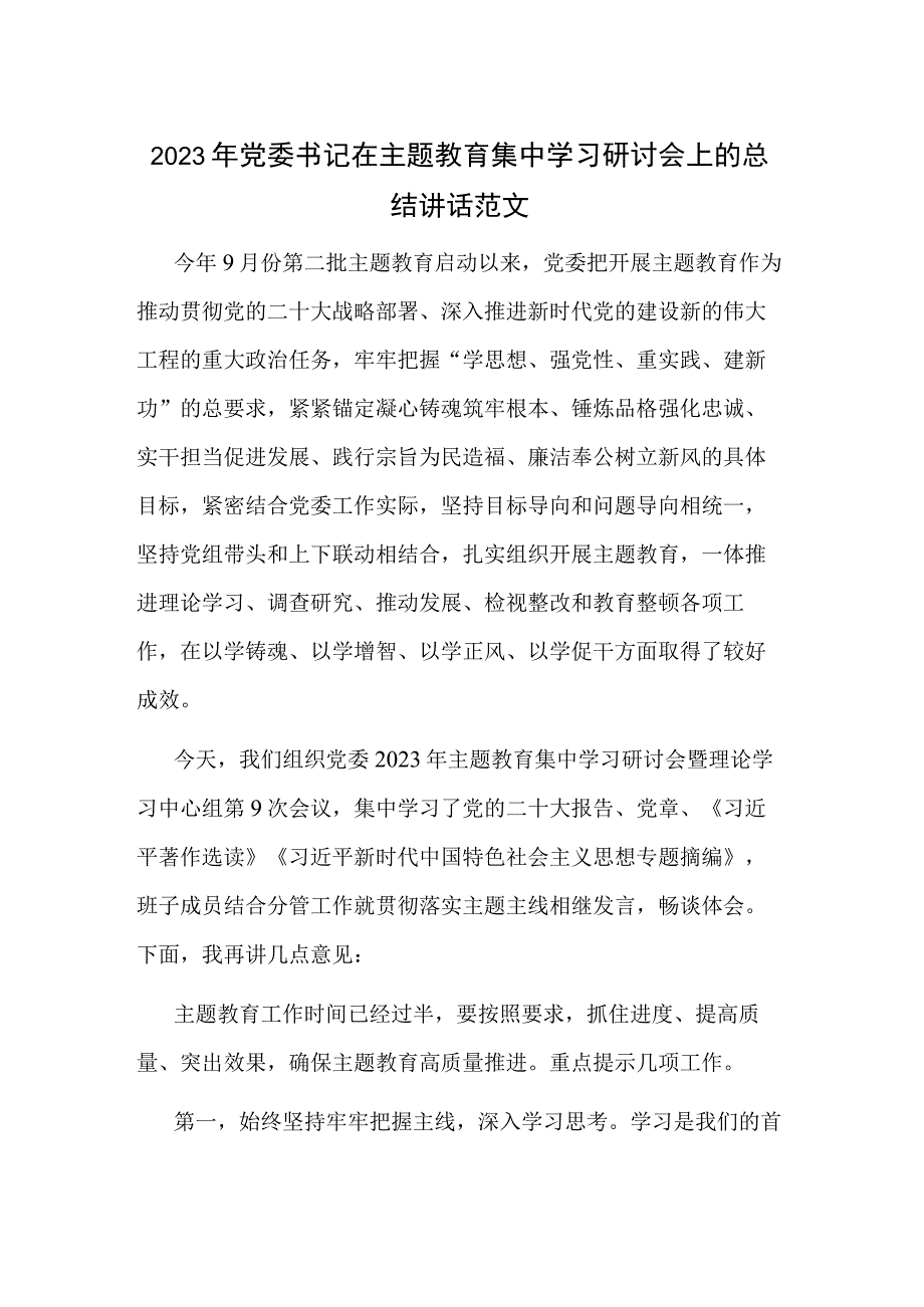 2023年党委书记在主题教育集中学习研讨会上的总结讲话范文.docx_第1页