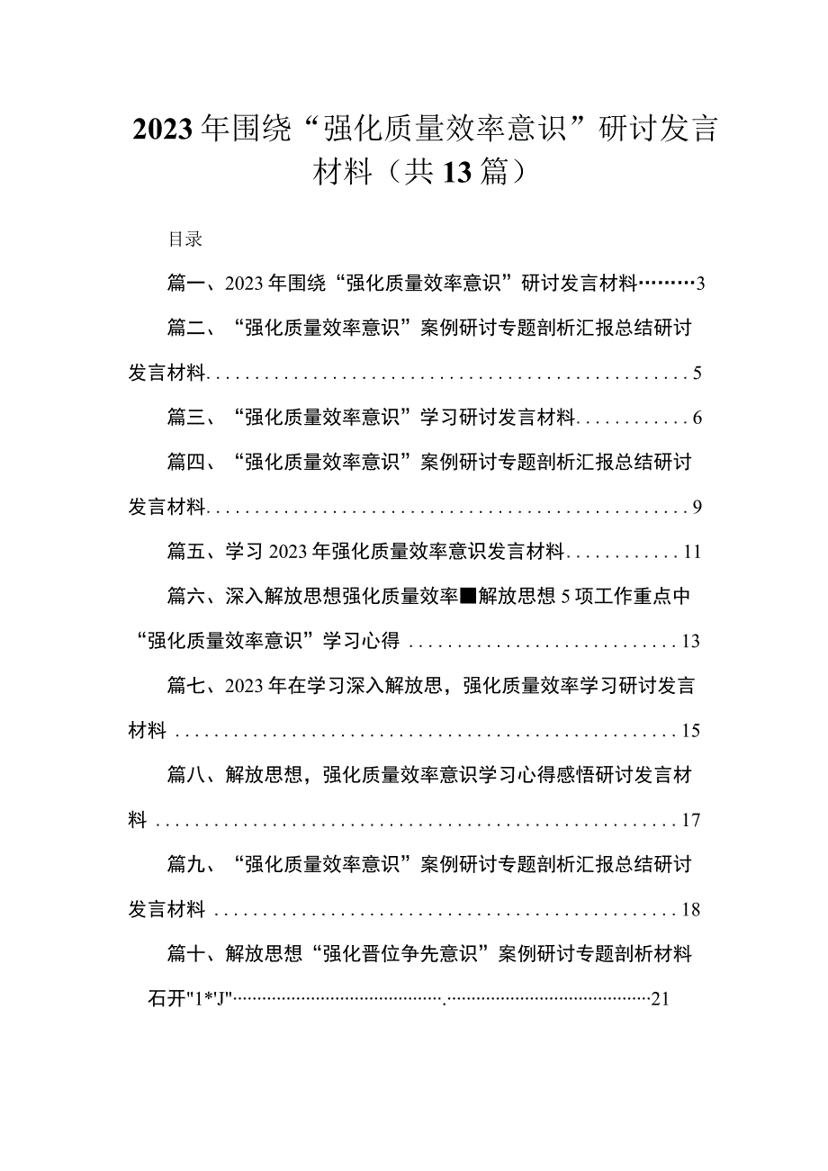 2023年围绕“强化质量效率意识”研讨发言材料最新版13篇合辑.docx_第1页