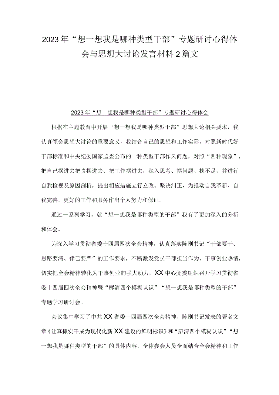 2023年“想一想我是哪种类型干部”专题研讨心得体会与思想大讨论发言材料2篇文.docx_第1页