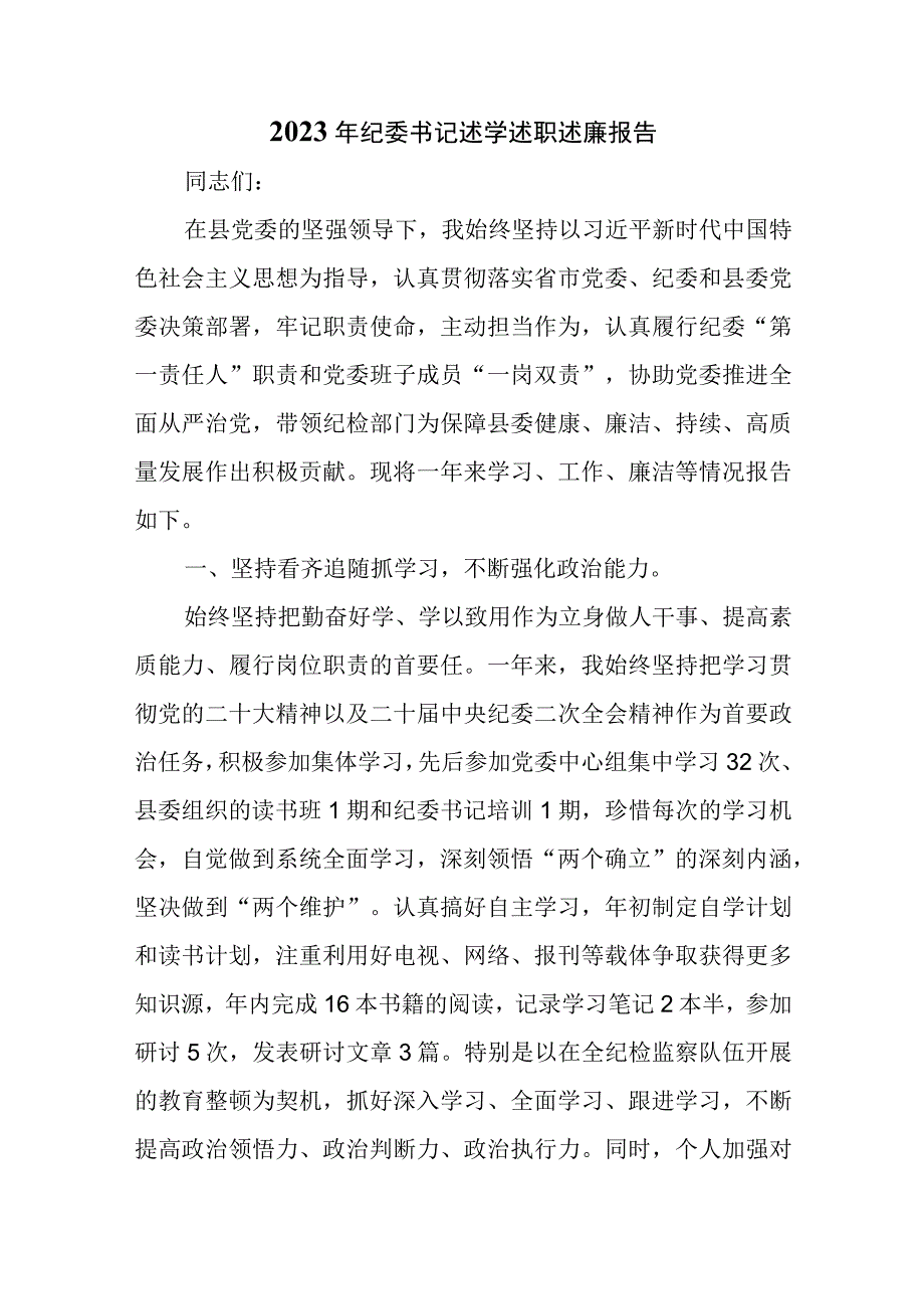 2023年纪委书记述学述职述廉报告.docx_第1页