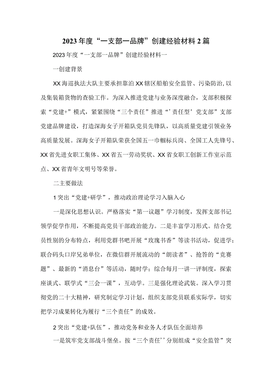 2023年度“一支部一品牌”创建经验材料2篇.docx_第1页