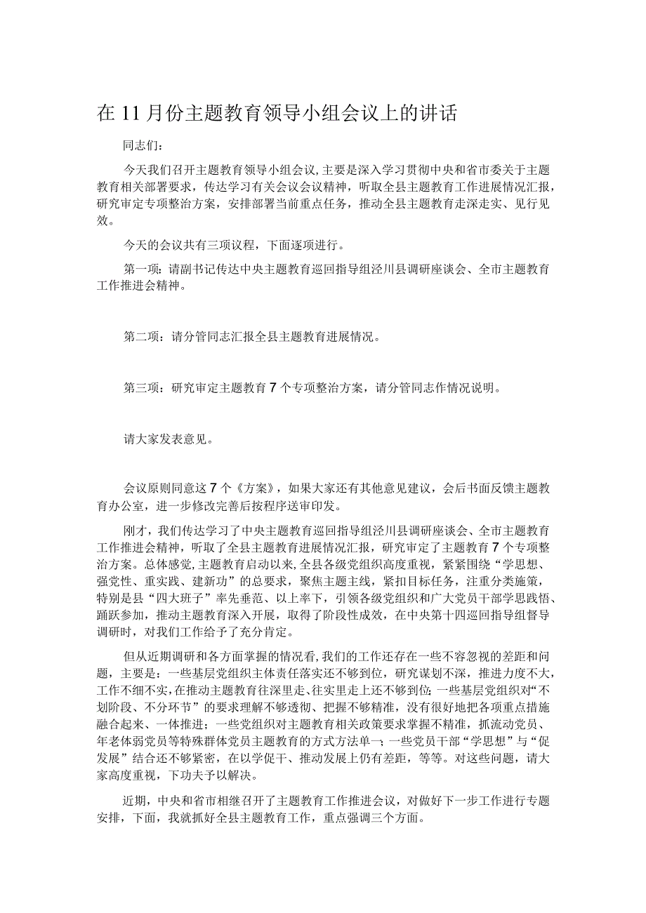 在11月份主题教育领导小组会议上的讲话.docx_第1页