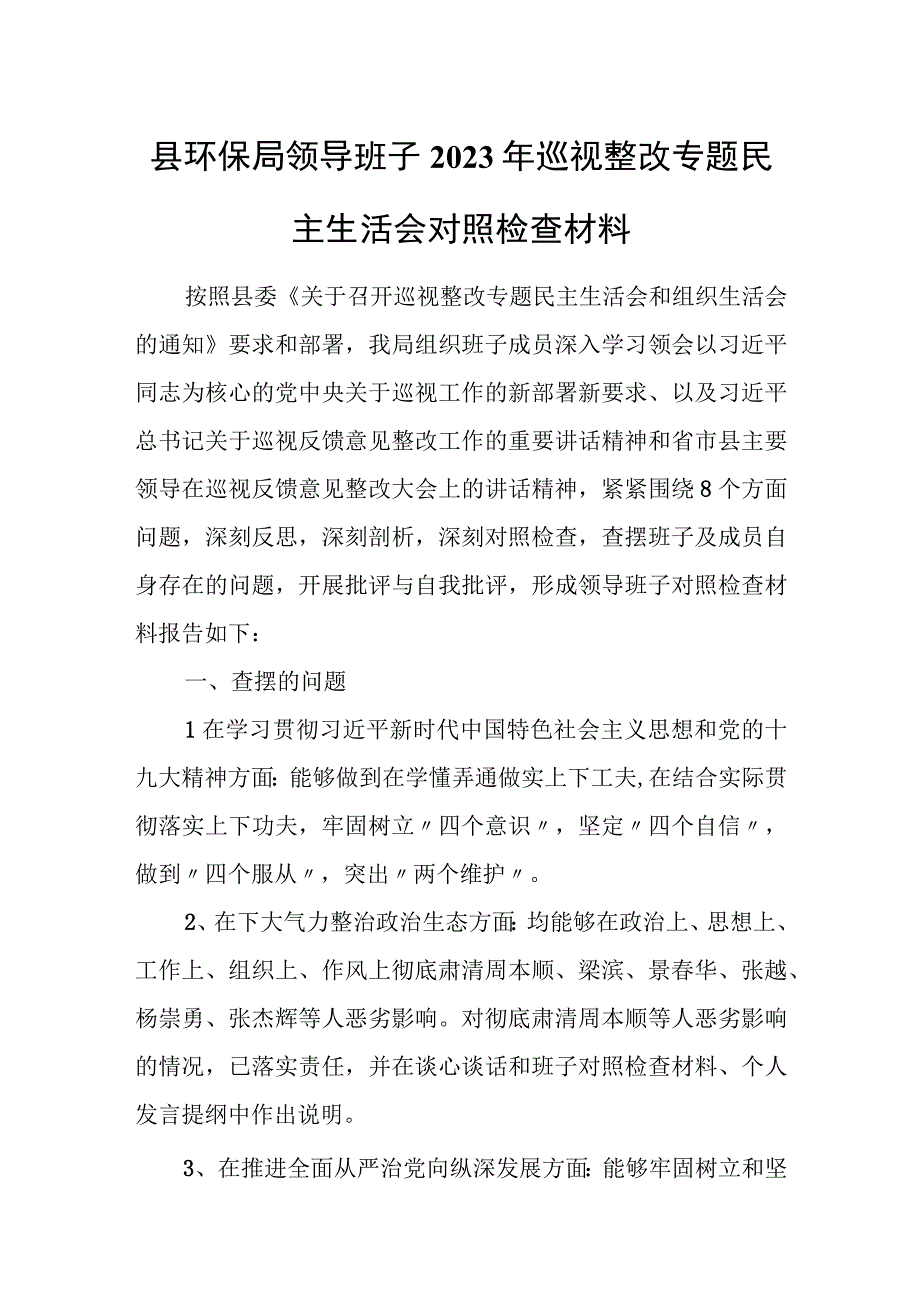 县环保局领导班子2023年巡视整改专题民主生活会对照检查材料.docx_第1页