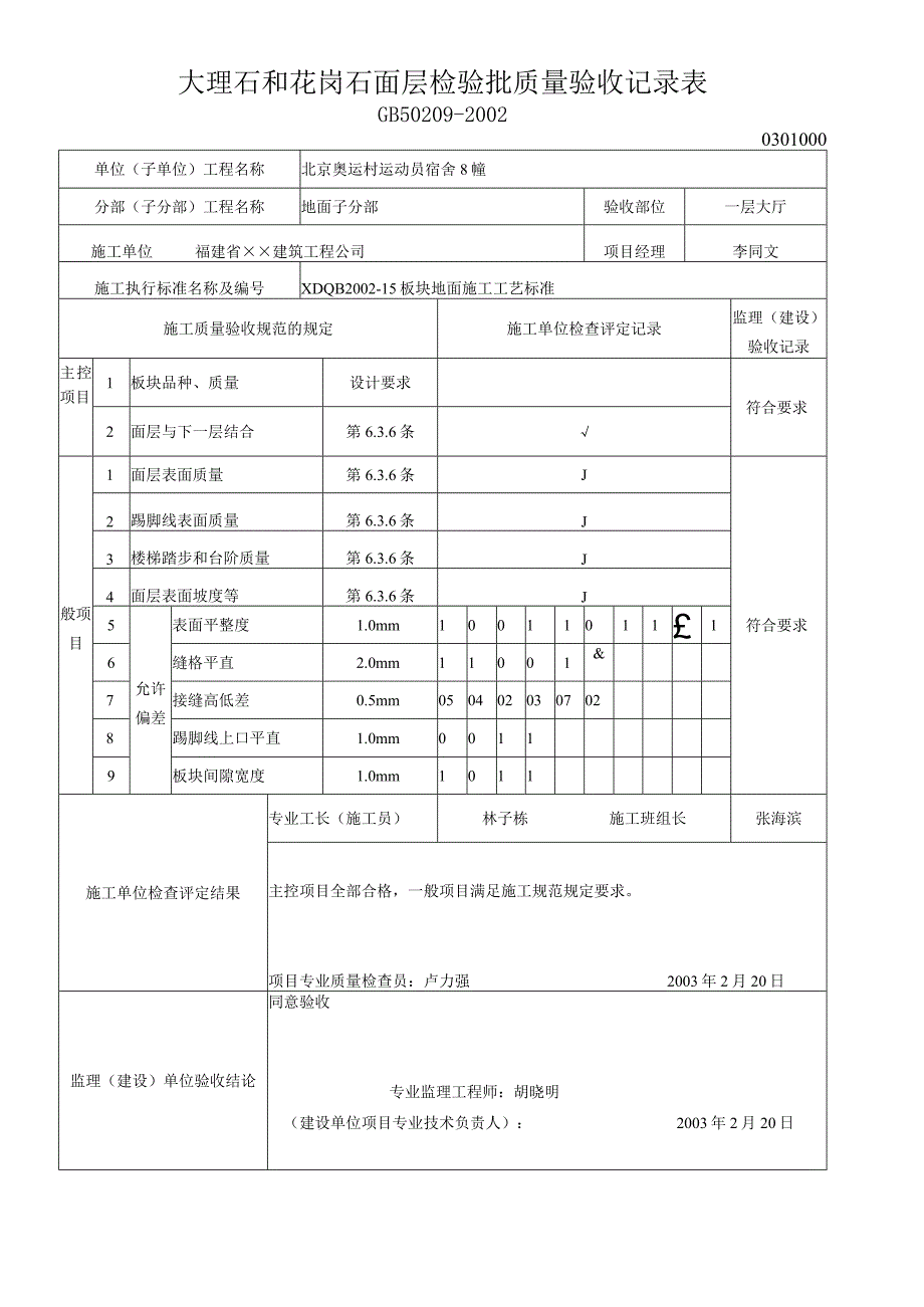 大理石和花岗石面层检验批质量验收记录表.docx_第1页