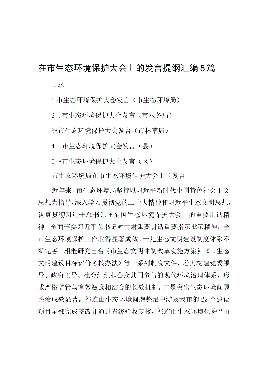 在市生态环境保护大会上的发言提纲（5篇）.docx_第1页