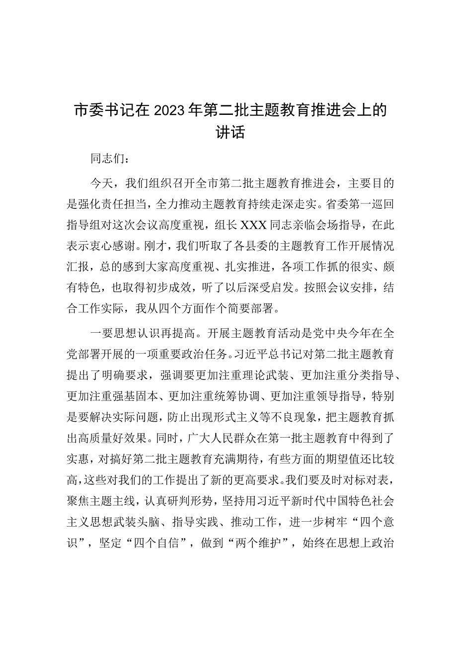 在2023年第二批主题教育推进会上的讲话（市委书记）.docx_第1页