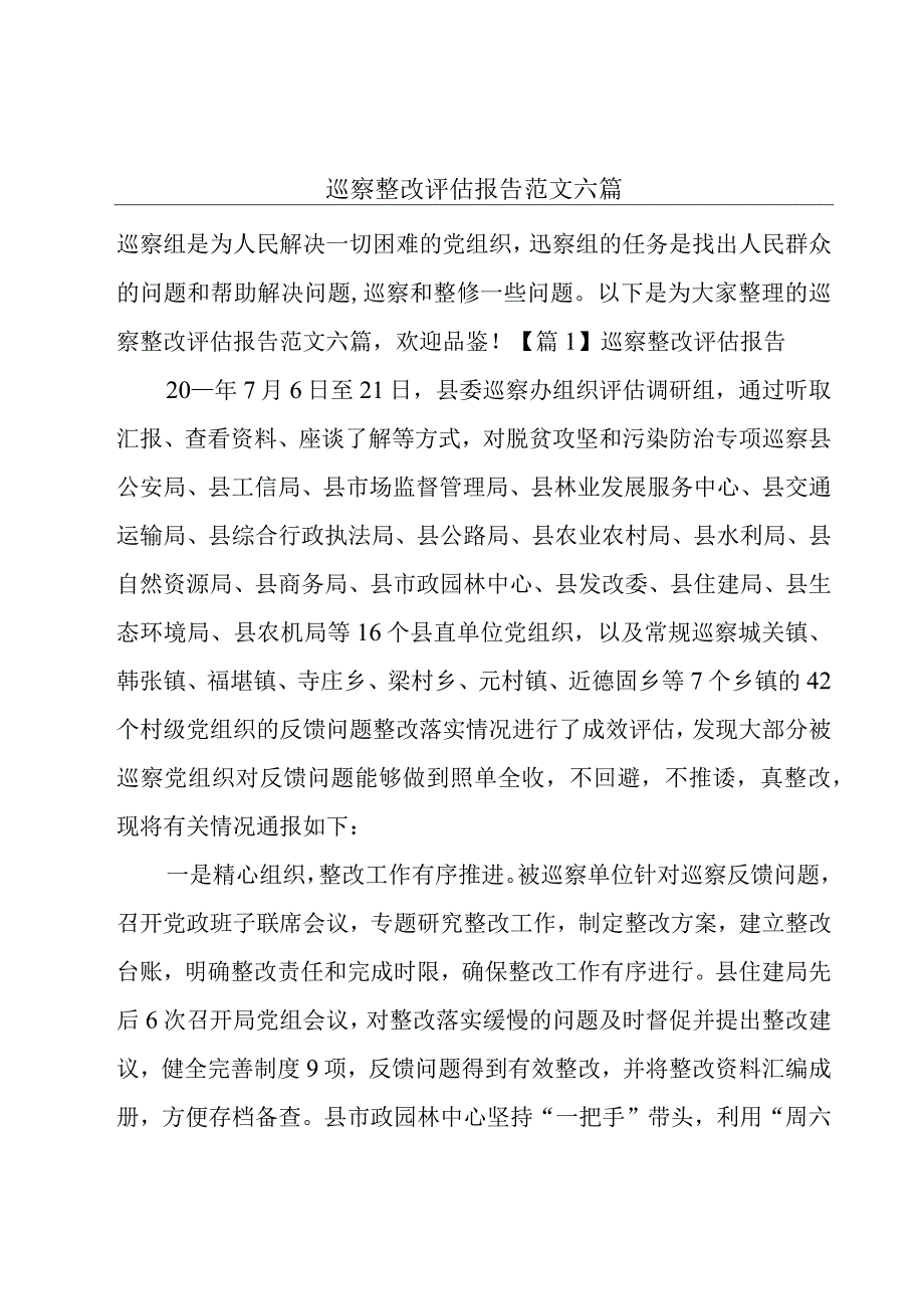 巡察整改评估报告范文六篇.docx_第1页