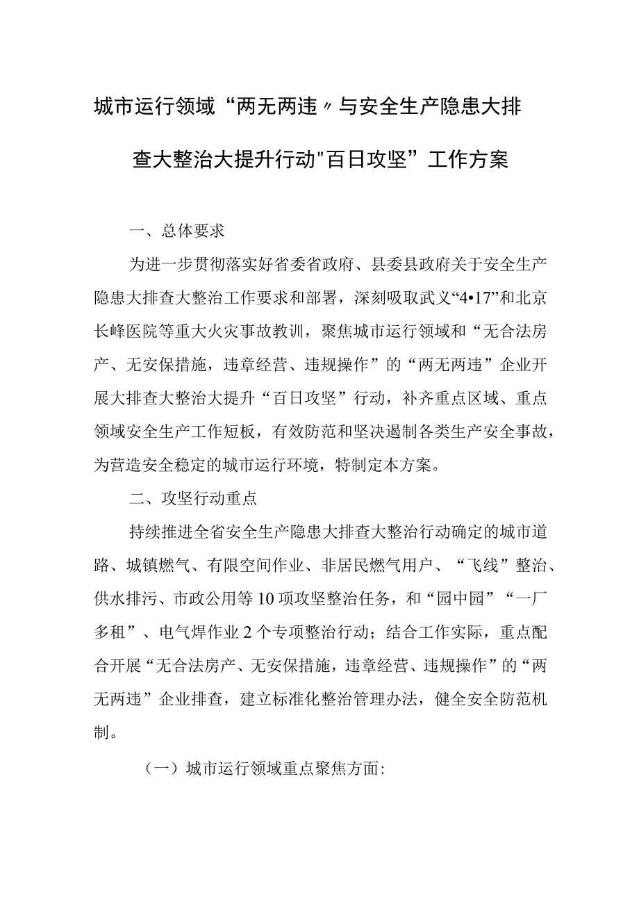 城市运行领域“两无两违”与安全生产隐患大排查大整治大提升行动“百日攻坚”工作方案.docx_第1页