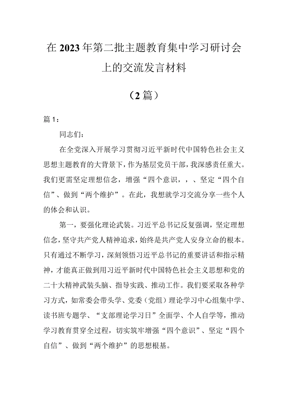 在2023年第二批主题教育集中学习研讨会上的交流发言材料（2篇）.docx_第1页