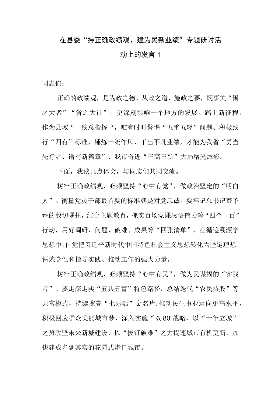 在2023年“持正确政绩观、建为民新业绩”专题研讨活动上的发言讲话材料3篇.docx_第1页