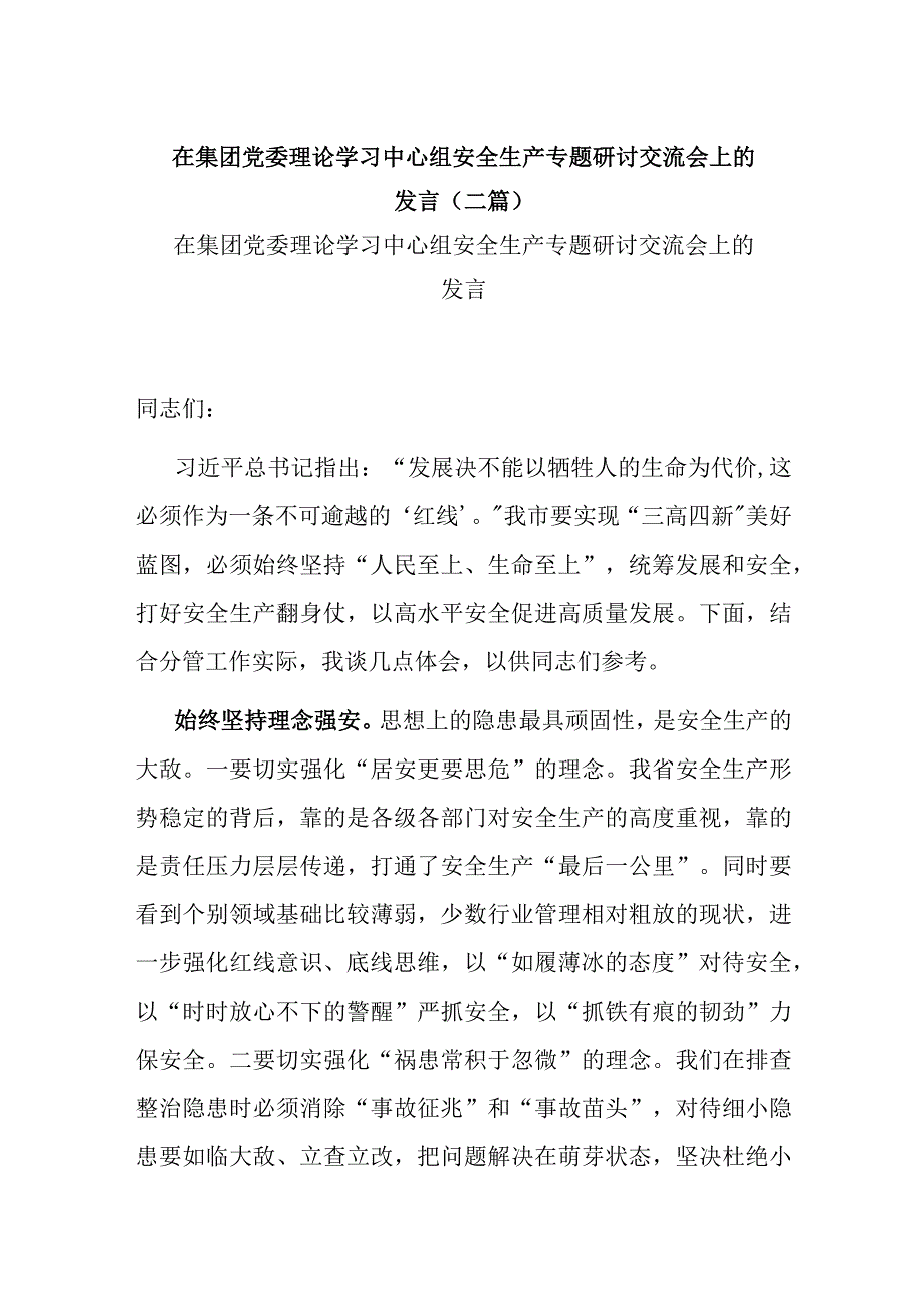 在集团党委理论学习中心组安全生产专题研讨交流会上的发言(二篇).docx_第1页