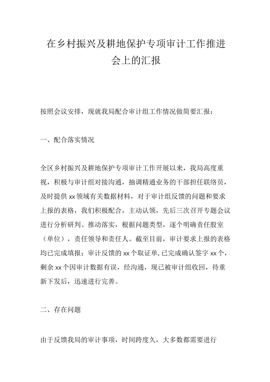 在乡村振兴及耕地保护专项审计工作推进会上的汇报.docx_第1页