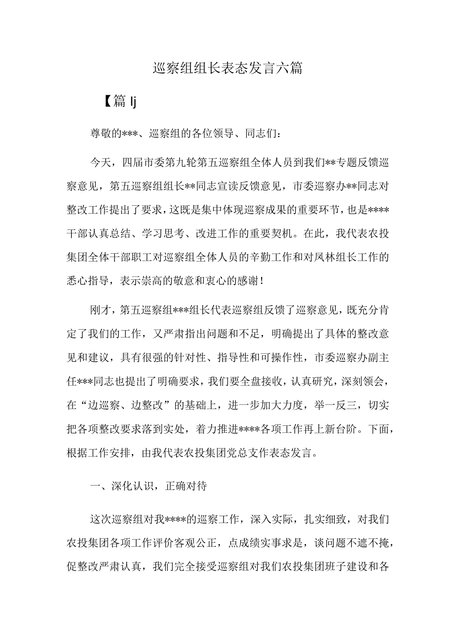 巡察组组长表态发言六篇.docx_第1页