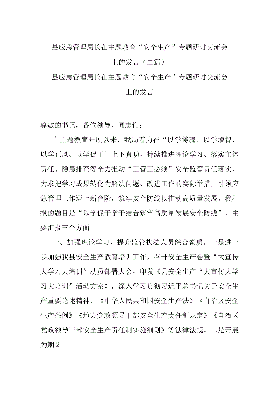 县应急管理局长在主题教育“安全生产”专题研讨交流会上的发言(二篇).docx_第1页