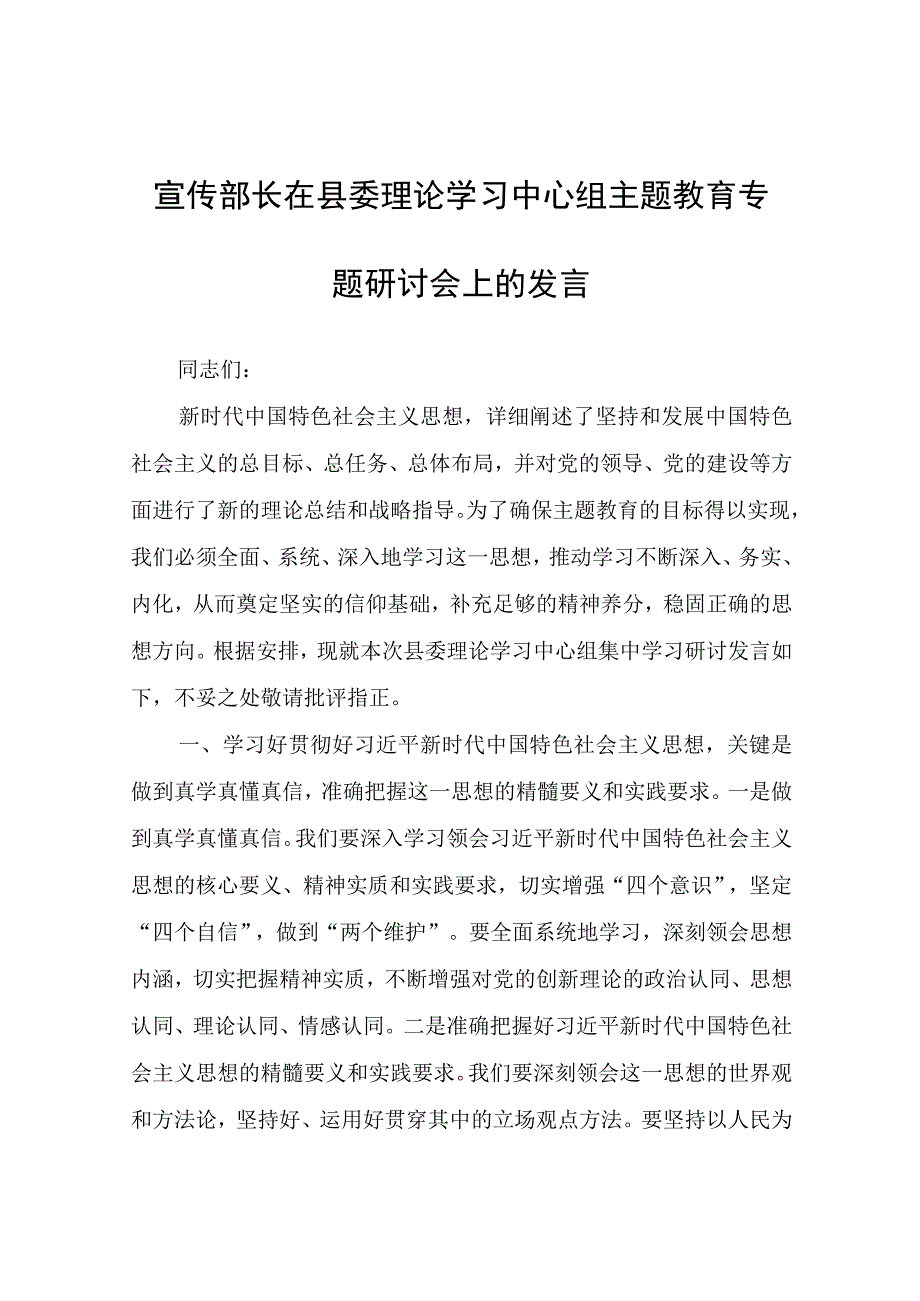 宣传部长在县委理论学习中心组主题教育专题研讨会上的发言.docx_第1页