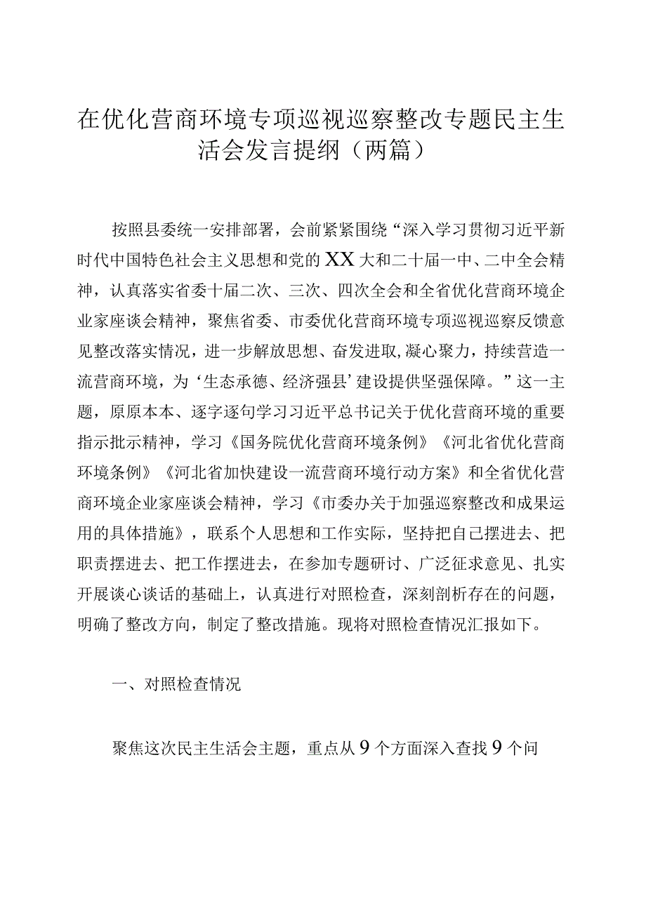 在优化营商环境专项巡视巡察整改专题民主生活会发言提纲（两篇）.docx_第1页