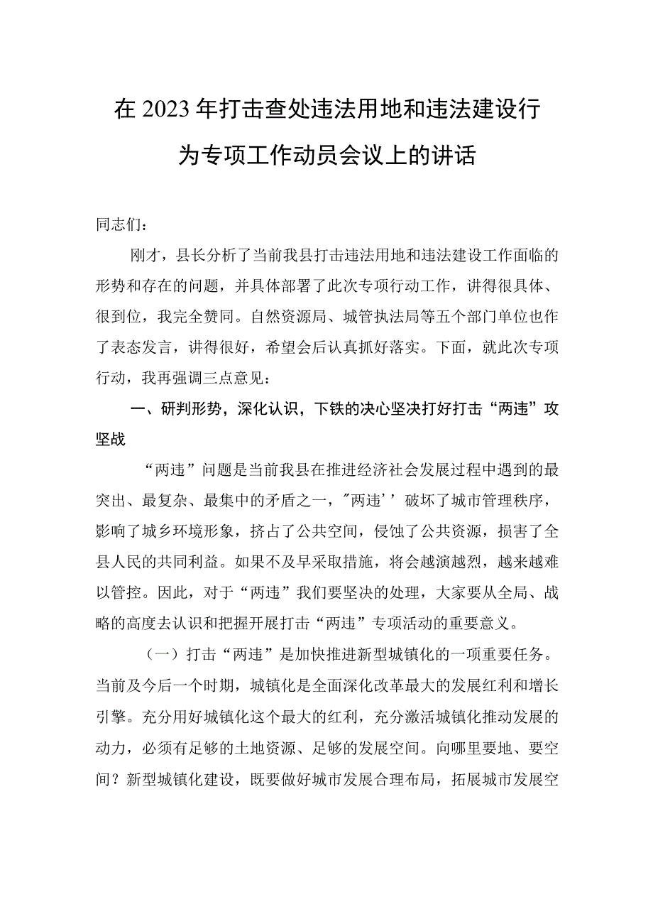 在2023年打击查处违法用地和违法建设行为专项工作动员会议上的讲话.docx_第1页