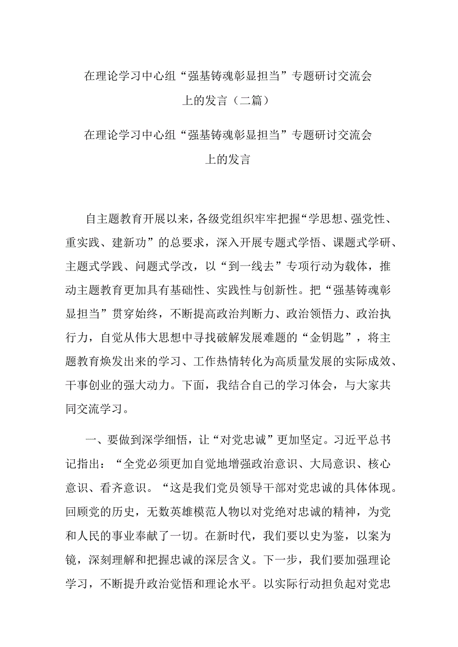 在理论学习中心组“强基铸魂彰显担当”专题研讨交流会上的发言(二篇).docx_第1页