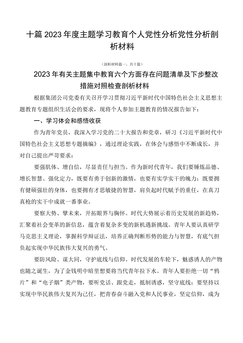 十篇2023年度主题学习教育个人党性分析党性分析剖析材料.docx_第1页