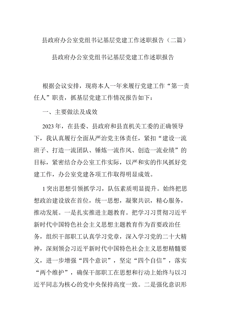 县政府办公室党组书记基层党建工作述职报告(二篇).docx_第1页