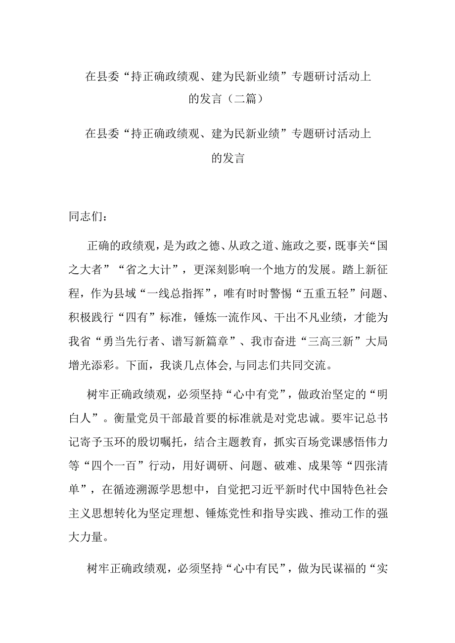 在县委“持正确政绩观、建为民新业绩”专题研讨活动上的发言(二篇).docx_第1页