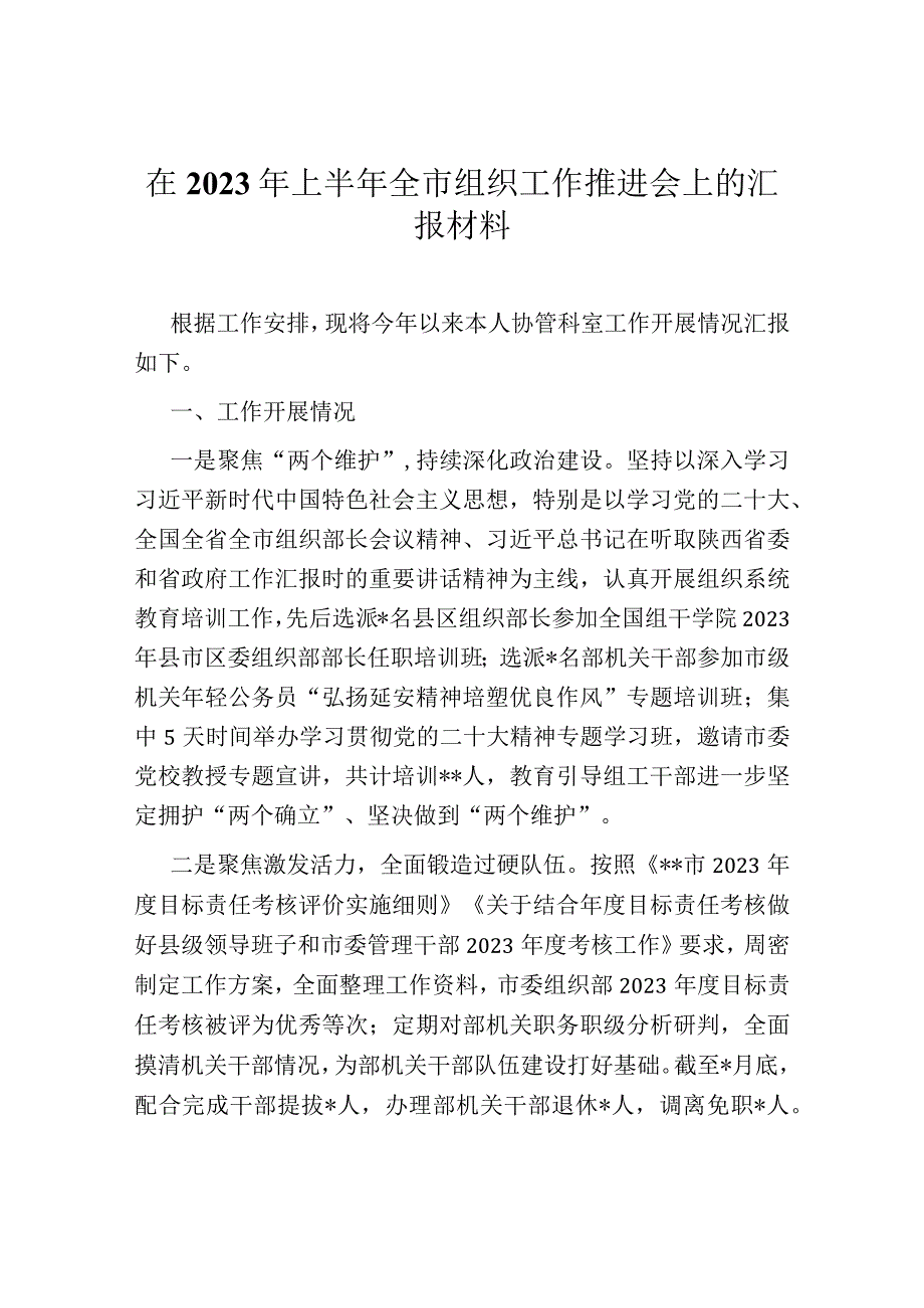 在2023年上半年全市组织工作推进会上的汇报材料(1).docx_第1页