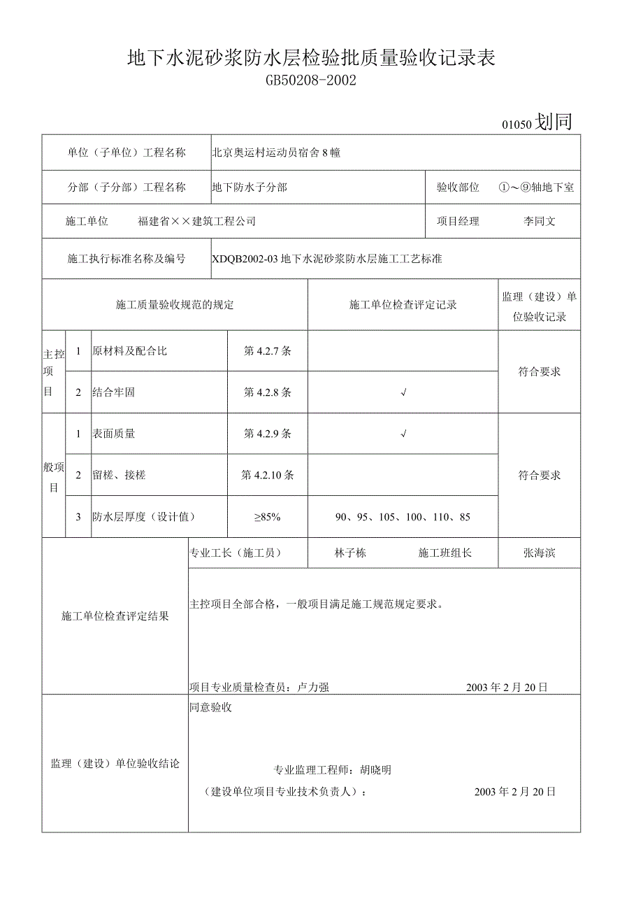 地下水泥砂浆防水层检验批质量验收记录表.docx_第1页