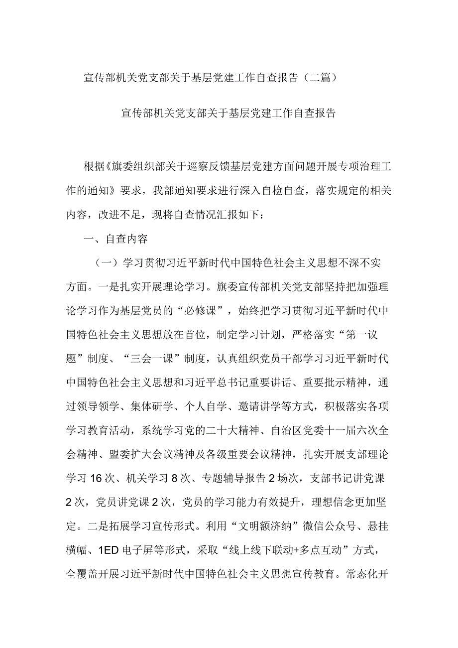 宣传部机关党支部关于基层党建工作自查报告(二篇).docx_第1页