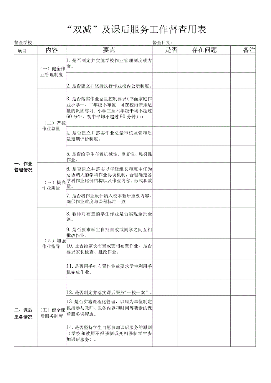 双减及课后服务督查用表模板.docx_第1页