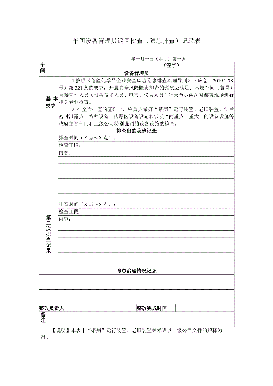 化工企业生产车间设备管理员巡回检查（风险隐患排查）记录表.docx_第1页