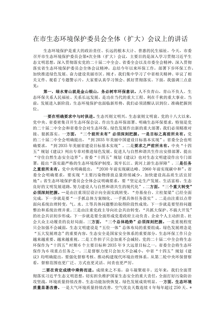 在市生态环境保护委员会全体（扩大）会议上的讲话.docx_第1页