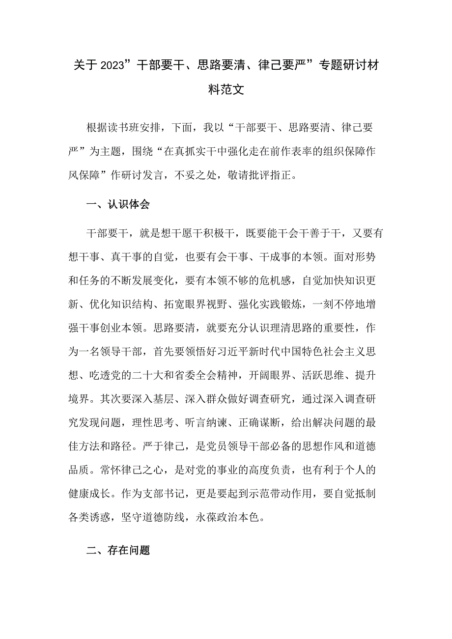 关于2023“干部要干、思路要清、律己要严”专题研讨材料范文.docx_第1页