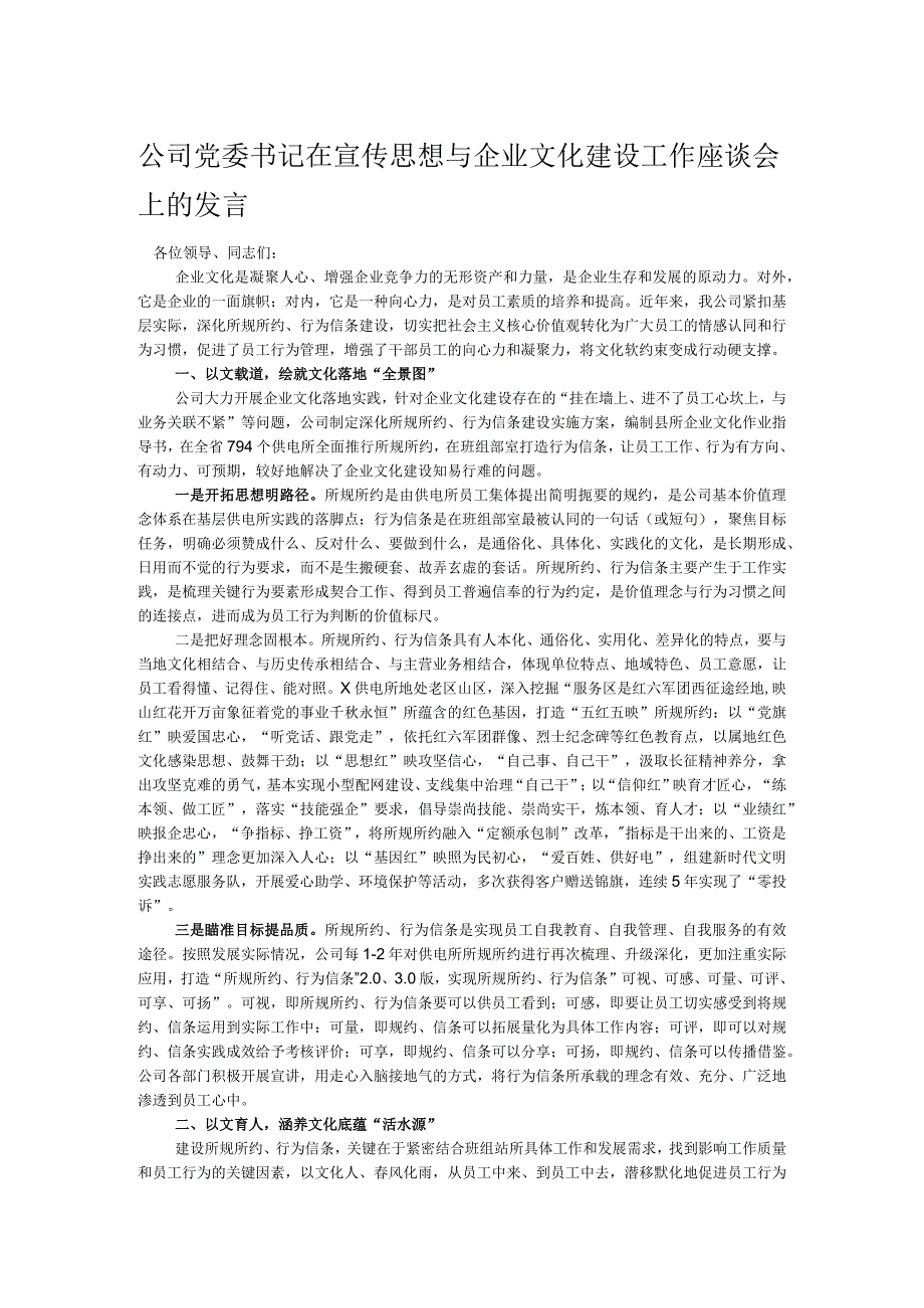 公司党委书记在宣传思想与企业文化建设工作座谈会上的发言.docx_第1页