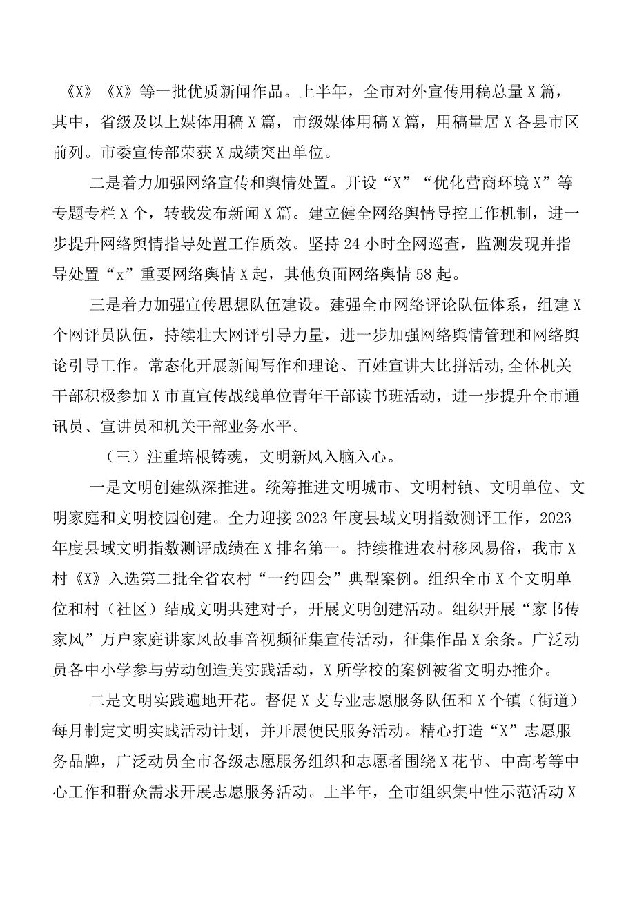 6篇汇编2023年度宣传思想文化工作工作进展情况汇报加讲话提纲、心得共6篇.docx_第2页