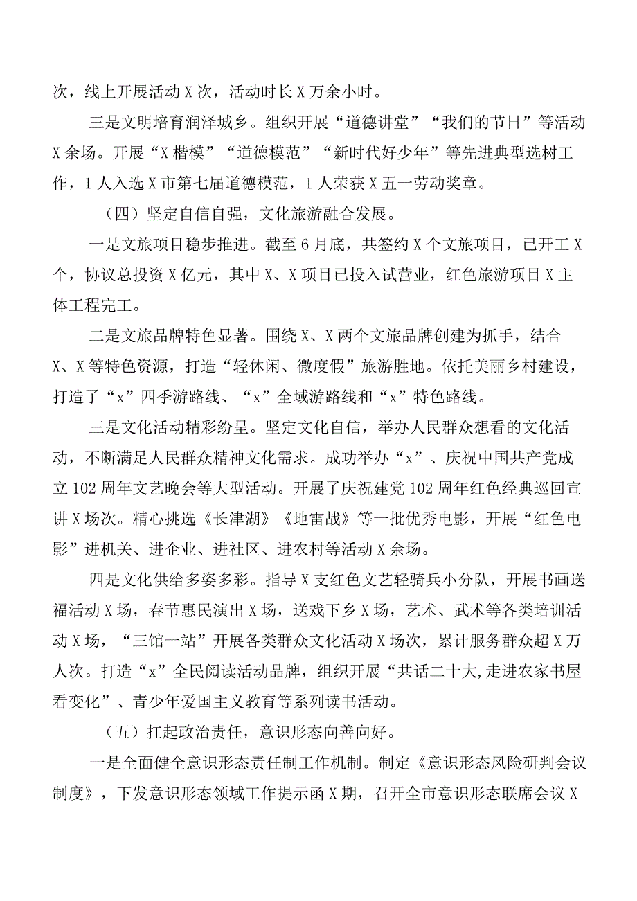 6篇汇编2023年度宣传思想文化工作工作进展情况汇报加讲话提纲、心得共6篇.docx_第3页