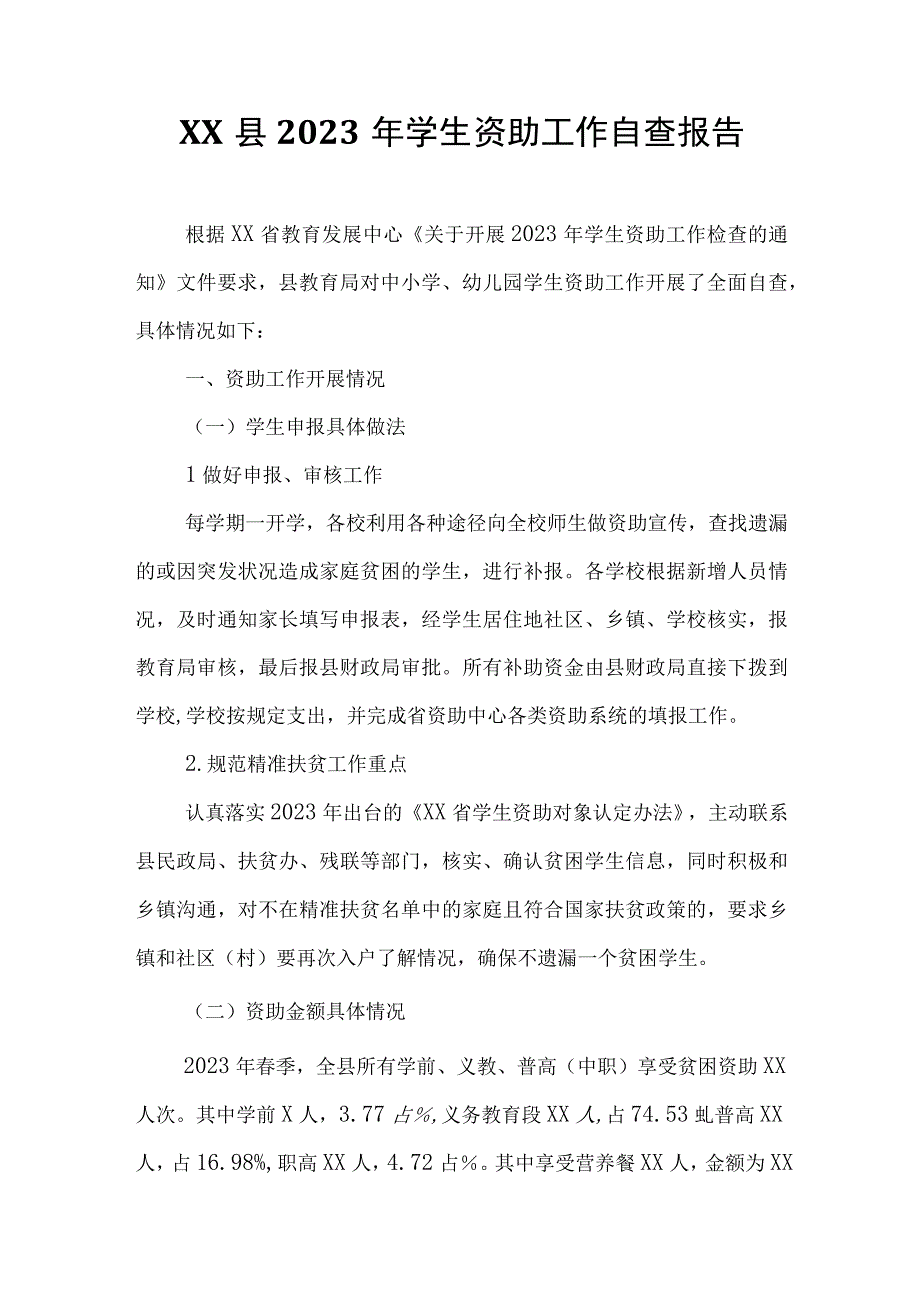 XX县2022年学生资助工作自查报告.docx_第1页