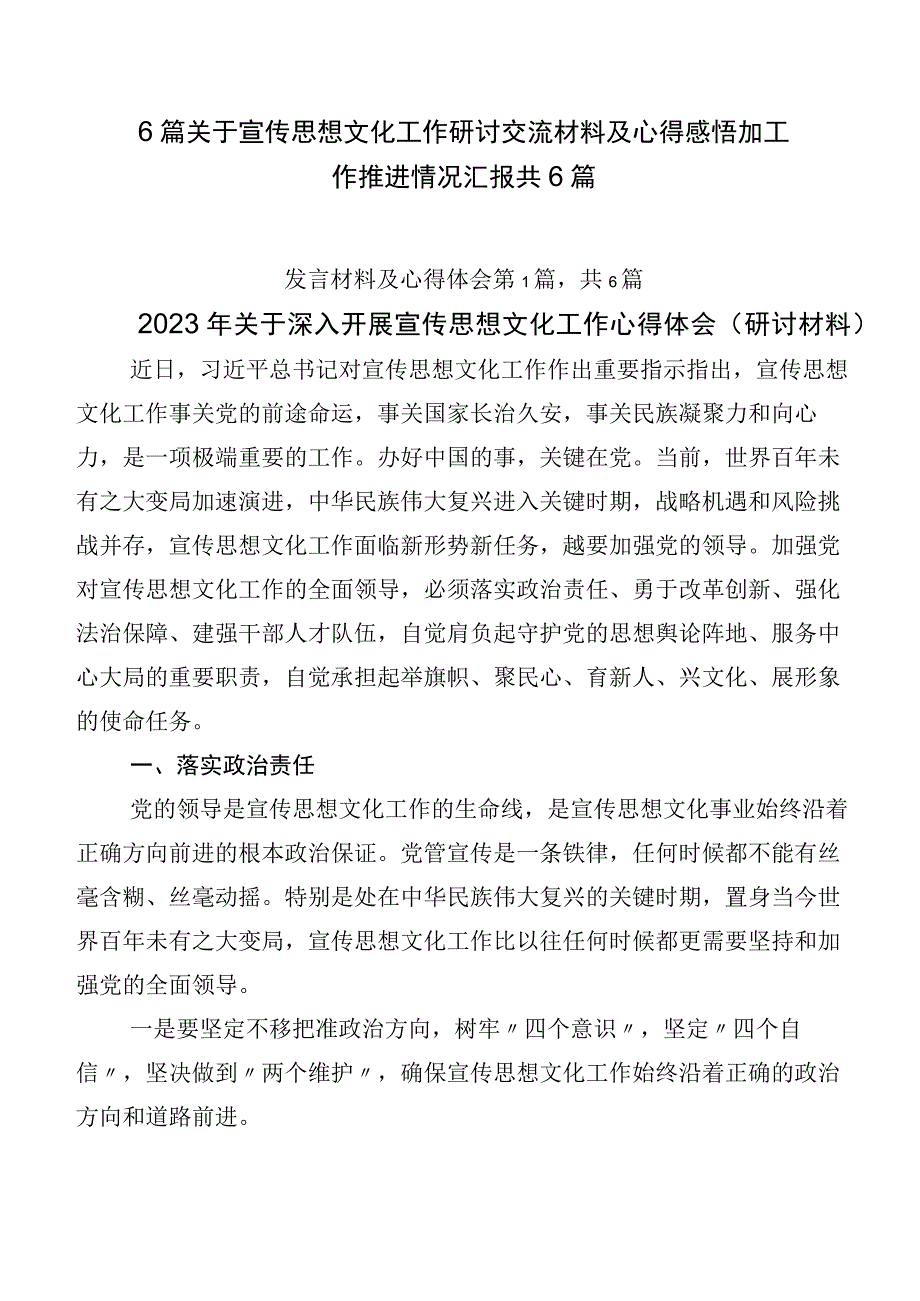 6篇关于宣传思想文化工作研讨交流材料及心得感悟加工作推进情况汇报共6篇.docx_第1页