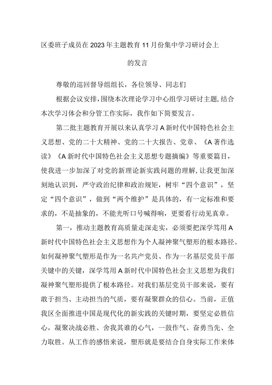 区委班子成员在2023年主题教育11月份集中学习研讨会上的发言.docx_第1页