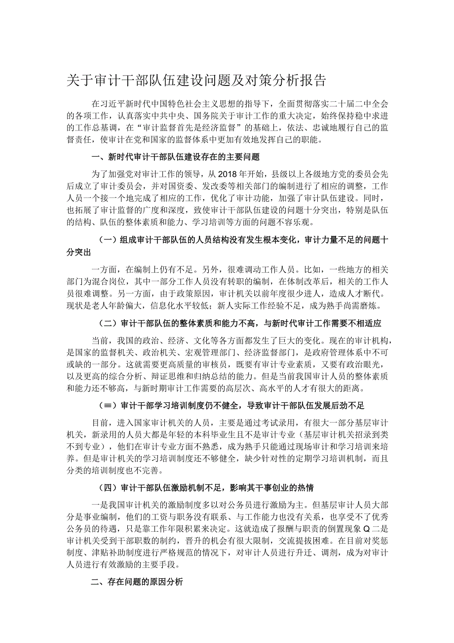 关于审计干部队伍建设问题及对策分析报告.docx_第1页