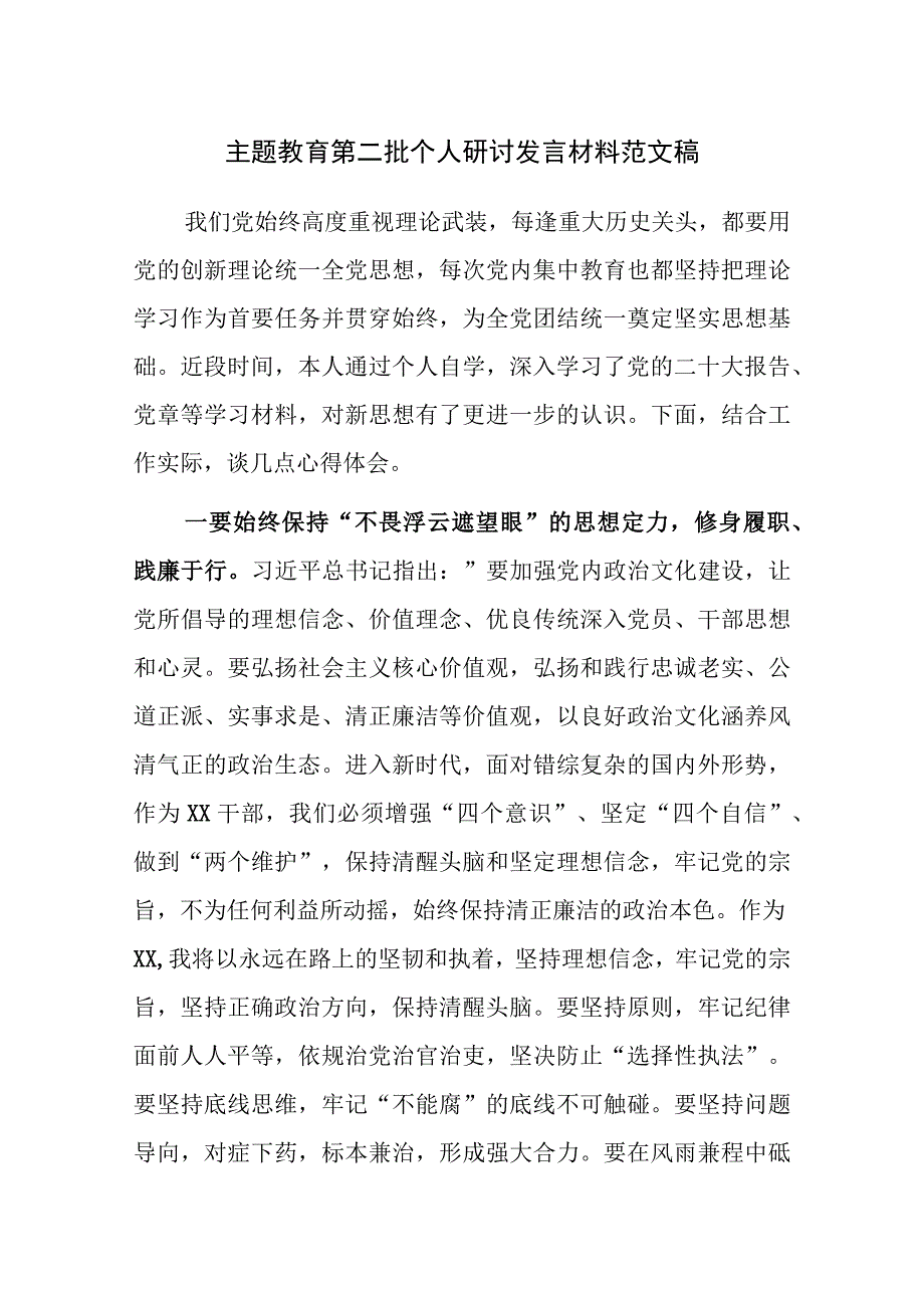 主题教育第二批个人研讨发言材料范文稿.docx_第1页