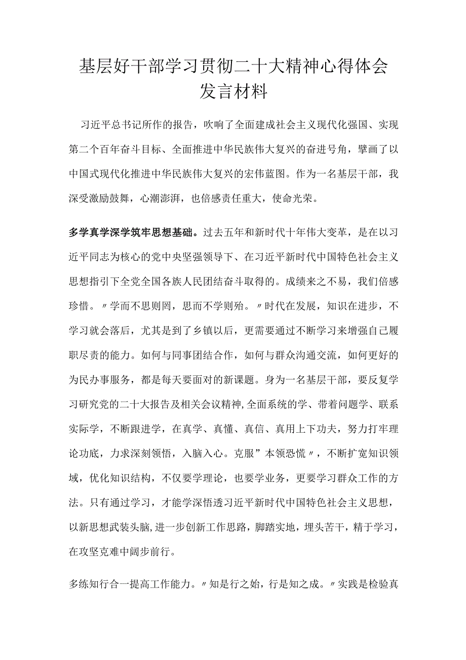 基层好干部学习贯彻二十大精神心得体会发言材料.docx_第1页