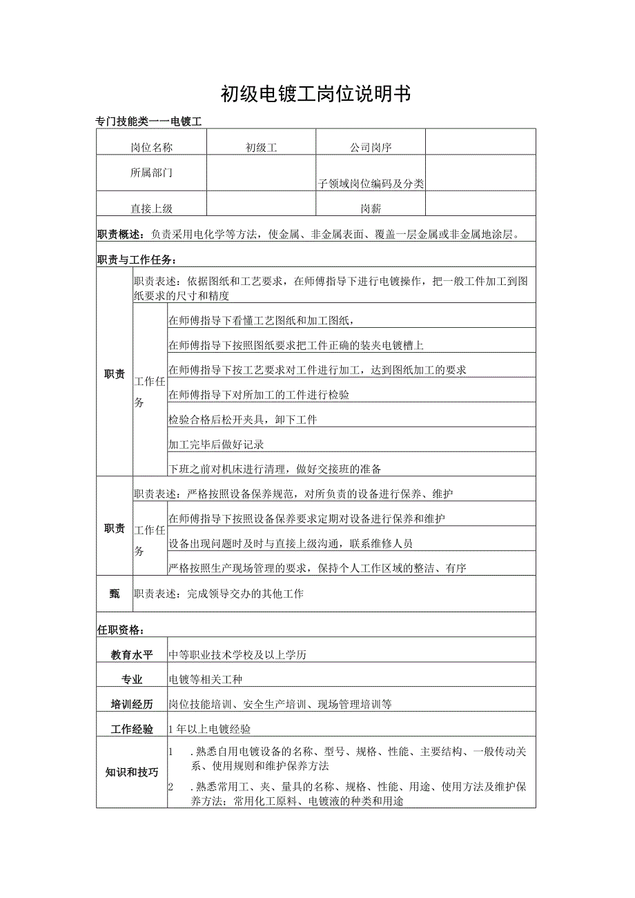 初级电镀工岗位说明书.docx_第1页