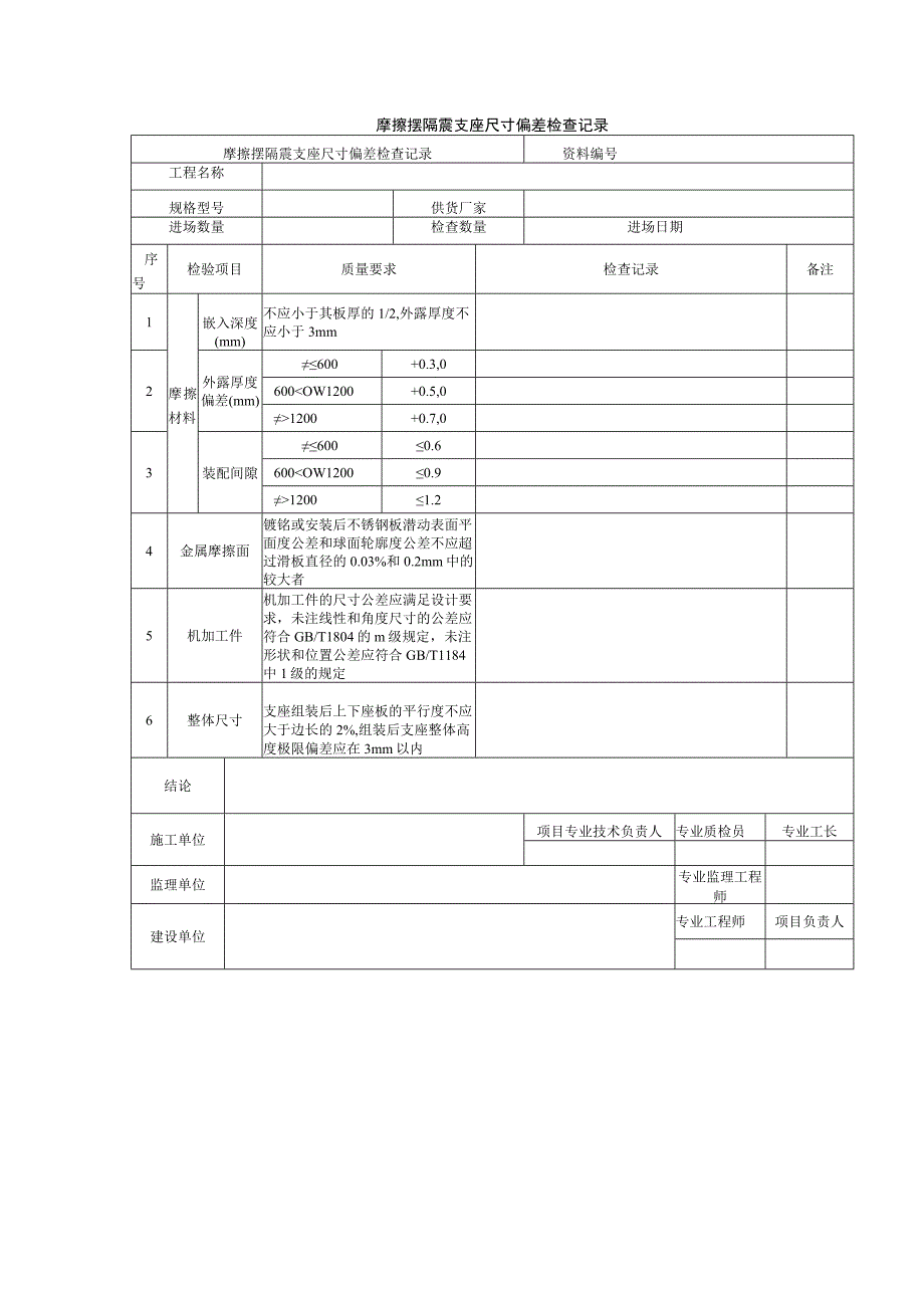 摩擦摆隔震支座尺寸偏差检查记录.docx_第1页