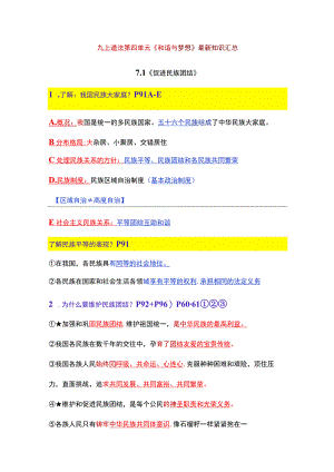 第四单元 和谐与梦想（最新知识汇总）-2023-2024学年九年级道德与法治上册同步精品课堂（部编版）.docx