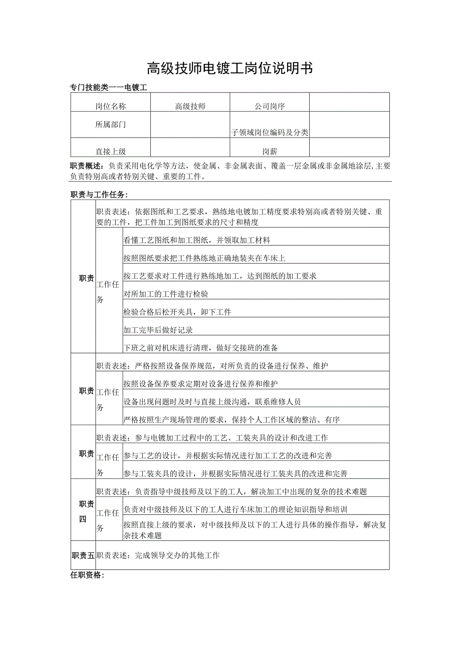 高级技师电镀工岗位说明书.docx_第1页